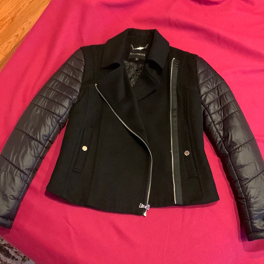 Express moto jacket women combo nylon and wool blend